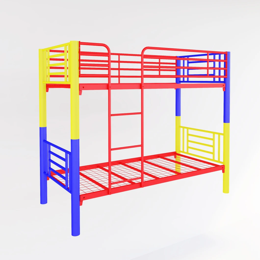 Double Bed Frame Bunk Bed with Staircase and Full Length Guardrail Red Yellow Blue Metal