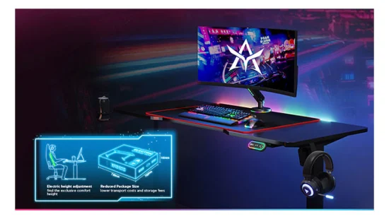 도매 맞춤형 전동 단일 모터 전기 컴퓨터 노트북 높이 조절 가능 앉아 스탠드 데스크 LED RGB 조명이있는 게이밍 스탠딩 데스크